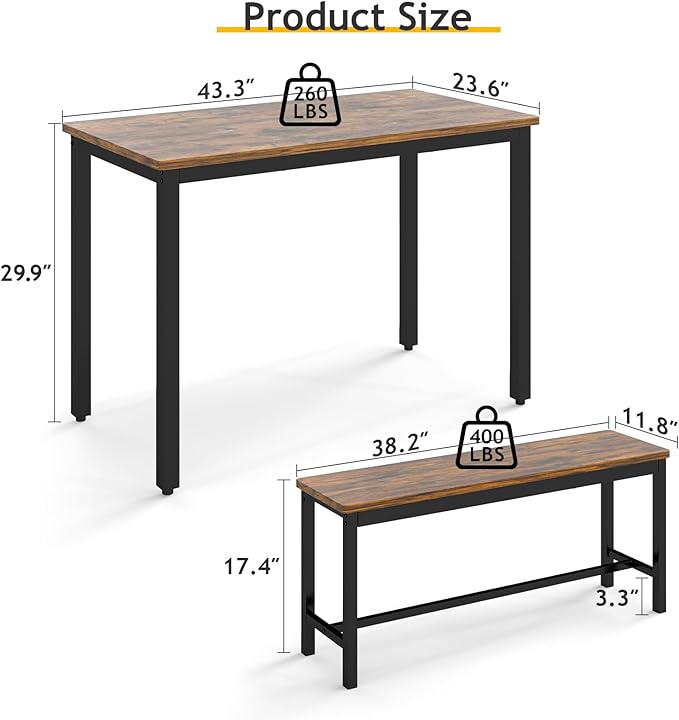 Rovibek 43" Dining Table Set for 4, Modern Space Saving Kitchen Breakfast Table with Benches & Adjustable Feet, Wooden Industrial Style Farmhouse, Brown