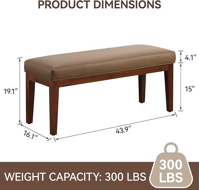 43.5'' Faux Leather Bedroom Bench, Upholstered End of Bed Bench, Padded Vintage Dining Bench, Entryway Bench with Solid Wood Legs, Kitchen, Living Room, Hallway, Brown