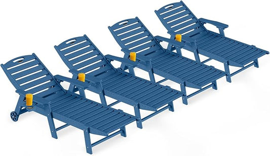 Outdoor Lounge Chair Set of 4, All Weather Patio Chaise Lounge Chair for Outside, HDPE Chair with Rolling Wheels & Cup Holder, 5 Position, Deck, Pool, Navy Blue