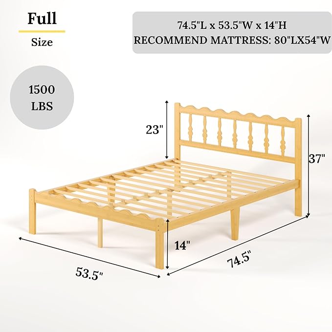 Bamboo Full Bed Frame with Headboard, 14 inch Solid Wood Platform Bed Frames Full Size with Metal Slats, No Box Spring Needed, Easy Assembly, Noise Free