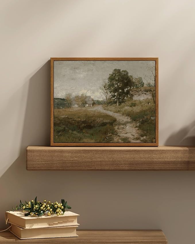 InSimSea Framed Canvas Wall Art Vintage Decor, Retro Room Decor, Rural Path Landscape Wall Paintings, Farmhouse Wall Art for Living Room, Vintage Countryside Pictures for Bathroom Wall Decor, 9"x11"