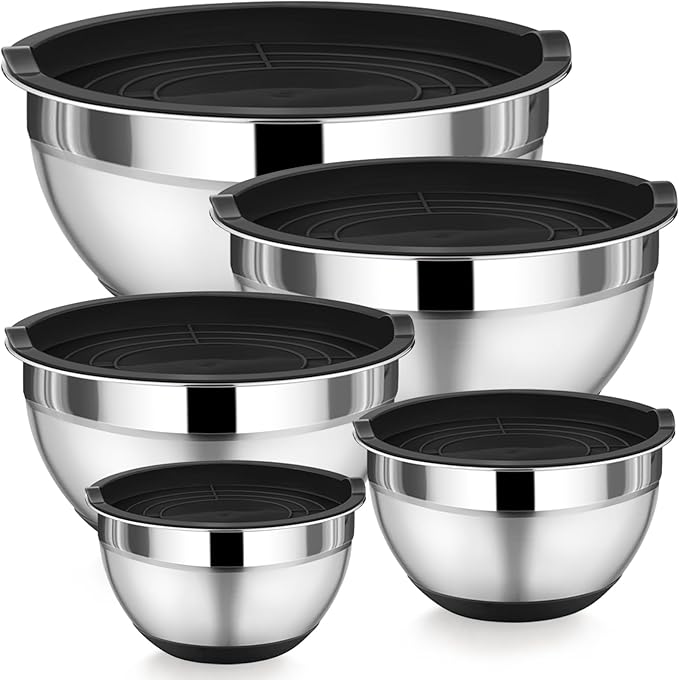 P&P CHEF Mixing Bowls with Lids Set of 5, Stainless Steel Nesting Salad Bowl with Lid & Base for Non-slip Mixing Prepping Storing Serving, 5 Sizes-7/3.5/2.5/1.5/1 QT, Black