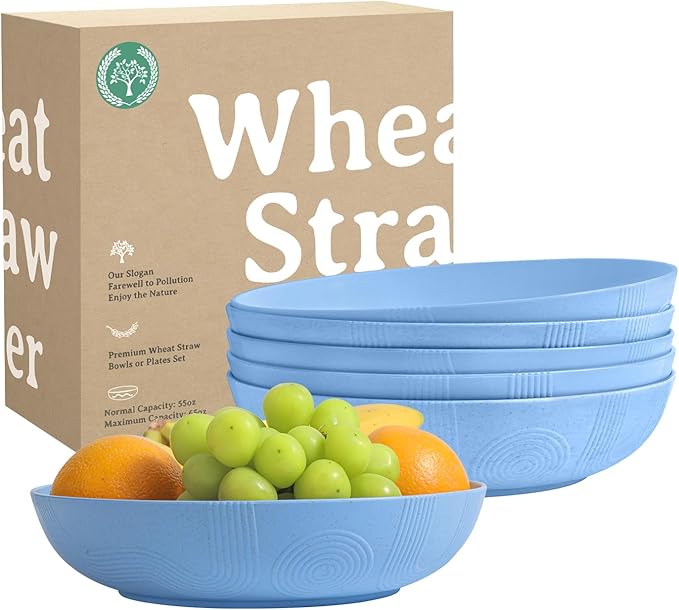 Homienly Wheat Straw Big Bowls Salad Bowls Set of 6 10 inch Serving Bowls 65 oz Large Bowls Plastic Plates Bowls Wide and Shallow Bowls for Kitchen Microwave & Dishwasher Safe-Sky Blue