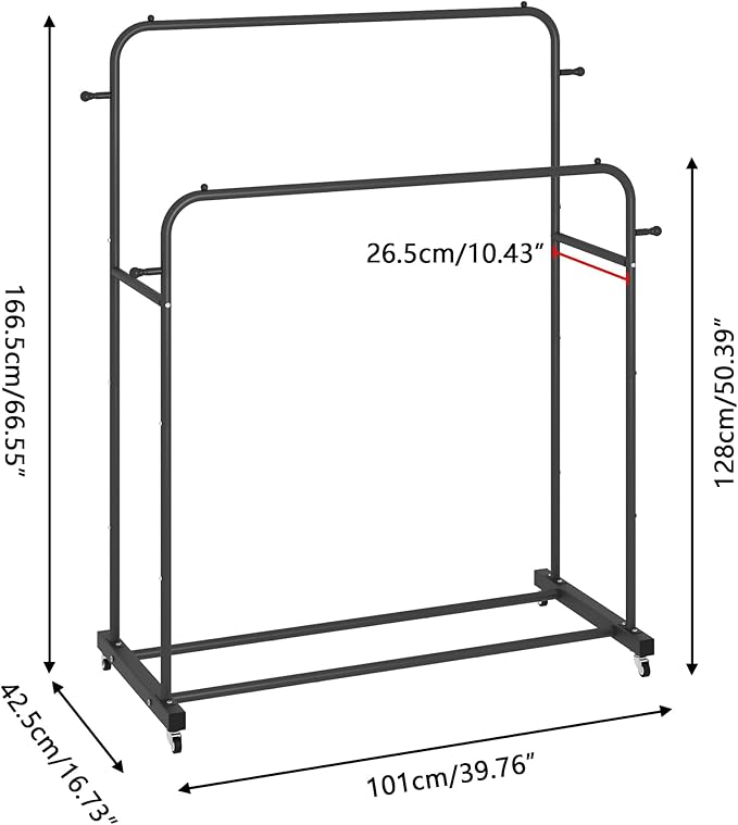 Laiensia Double Rods Garment Rack with Wheels, Clothing Rack for Hanging Clothes,4 Hooks, Multi-functional Bedroom Clothes Rack, Black