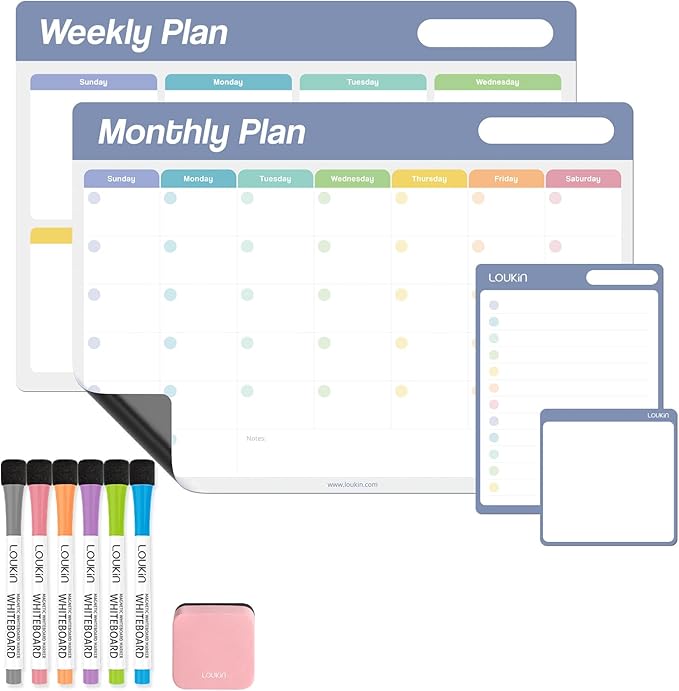 Loukin Dry Erase Calendar 4 Pack(Monthly+Weekly+Checklist+Mini Note), Electrostatic Adsorption Whiteboard Planners, Reusable Schedule for Office, Classroom, Refrigerator, 6Markers & 1Eraser Included