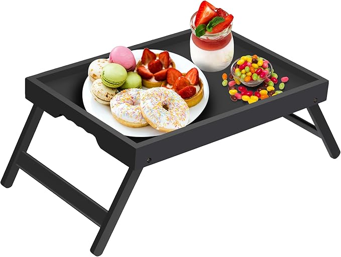 Artmeer Bed Tray Table with Folding Legs,Bamboo Breakfast in Bed for TV Table, Laptop Computer Tray,Eating,Snack Tray(Black) Extra-Large Size