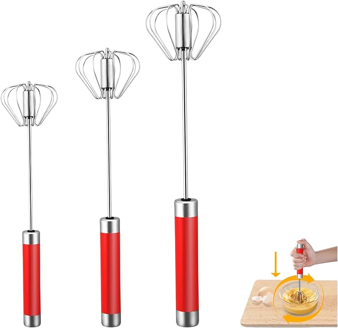 Stainless Steel Semi-automatic Whisk, 3 PCS Hand Push Rotary Whisk Blender for Making Cream, Whisking, Blending, Mixing, Whipping Smoothies & Shakes (10 &12 &14 Inch)