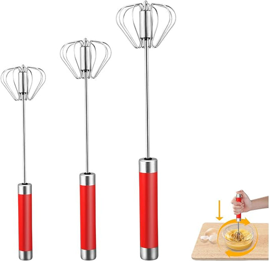 Stainless Steel Semi-automatic Whisk, 3 PCS Hand Push Rotary Whisk Blender for Making Cream, Whisking, Blending, Mixing, Whipping Smoothies & Shakes (10 &12 &14 Inch)