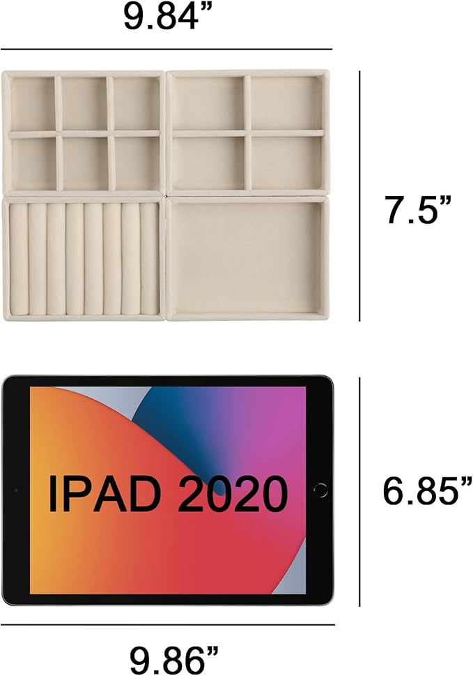 Frebeauty Small Jewelry Tray Set,Stackable Velvet Jewelry Organizer Tray,Mini Jewelry Drawer Organizer,Drawer Inserts,4.92 x 3.74 x 0.9 Inches,Earring Organizer for Women(Set 9,Beige)