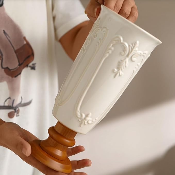 hjn White Cermaic Vase for Flowers Vintage Vase with Wooden Base for Your Home Decor/Table/Kitchen/Office/Living Room-White (French Flower Pattern)