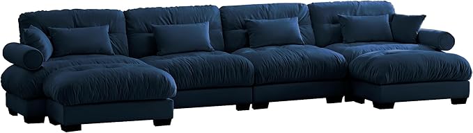 Ball & Cast 166" U Shaped Couch Sectional Couch,4 Seater Modular Couchs with Round Bolster Armrest,6 Pillows,Waist Pillows,Modern Corner Sofa w/ 2 Removable Ottomans,for Living Room,Blue