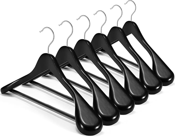 HOUSE DAY High-Grade Suit Hangers, Wide Shoulder Wooden Hangers with Non Slip Pants Bar, Smooth Finish 360° Swivel Hook Solid Wood Coat Hangers for Dress, Jacket, Heavy Clothes Hanger 6 Pack (Black)
