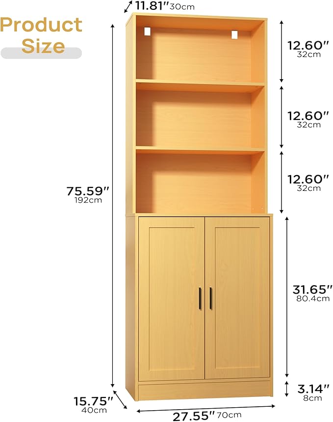 75" Tall Bookcase with Doors, 5 Tier Large Bookshelf with Cabinet, Standing Wood Display Book Shelf for Living Room, Office, Library with Doors, Oak