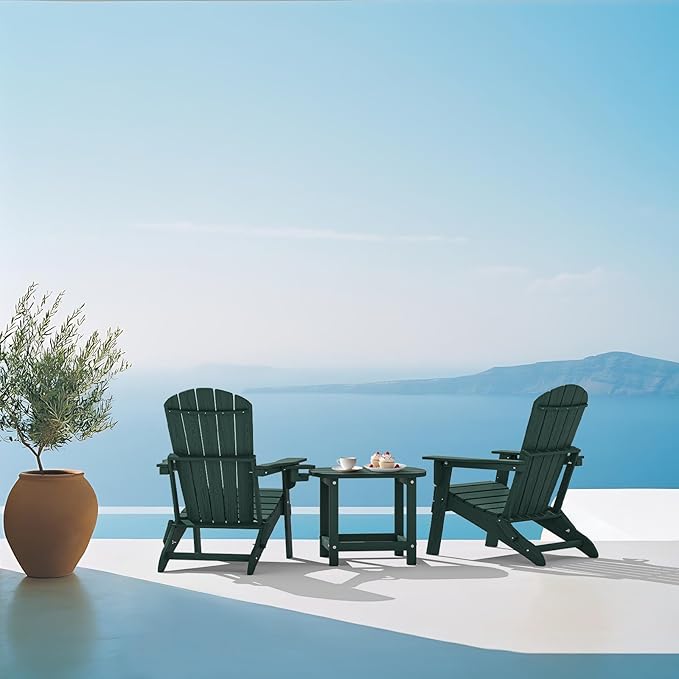 Plawdlik Folding Adirondack Chair, SGS Tested, Wooden Textured with Cup Holder, Heavy All-Weather HDPE Comfortable Set Poolside Backyard Lawn Green Set 4