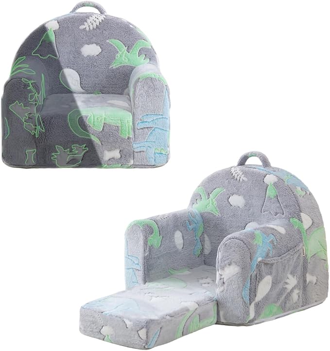 Toddler Chair Comfy,Toddler Couch Fold Out, 2-in-1 Kids Sofa,Flip Out Kids Couch,Sofa Convertible,Children Reading Chair for Age 1-3(Grey Dino)