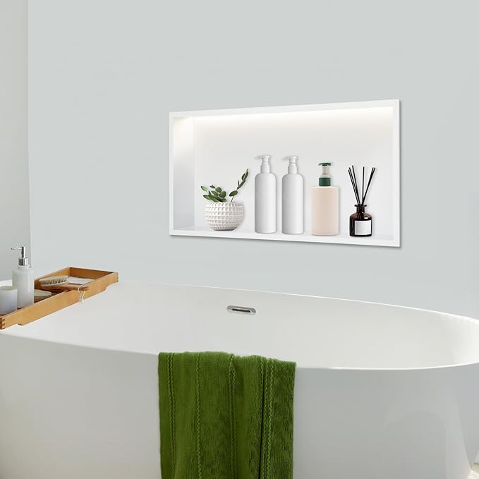 Shower Niche Cabinet, LED Light Shower Ni-Che, 13 x 25 x 4 inch Recessed Wall N-iche with LED Strip, No Tile Need Shower Shelf for Bathroom Recessed Wall Shelf Horizontal Niche, White