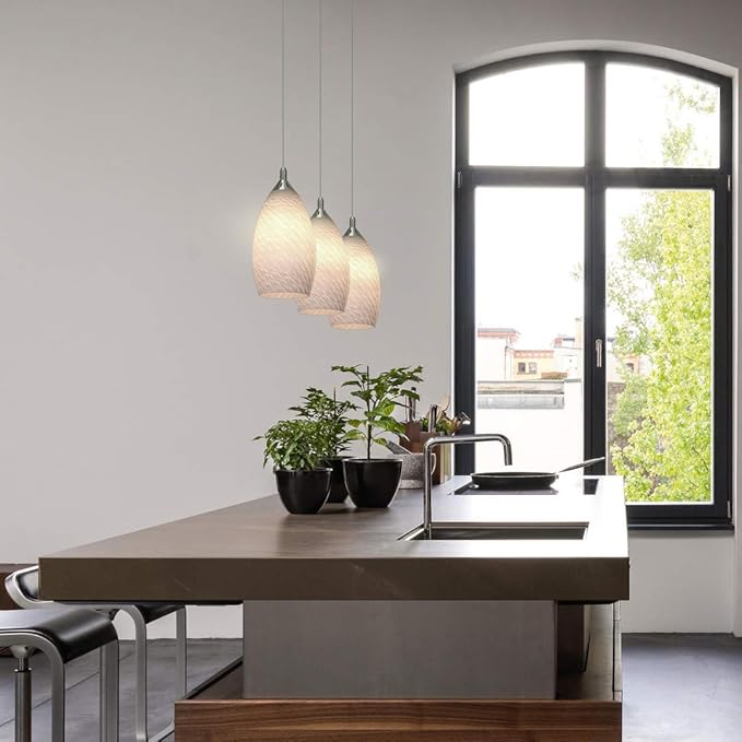 Pendant Lighting, Modern White Fishline Handblown Glass, Oval Art Shade Hanging Light, Brushed Nickel Hardware for Kitchen, Dining Room, Foyer Decor 4.7" Shade (1 Pack)