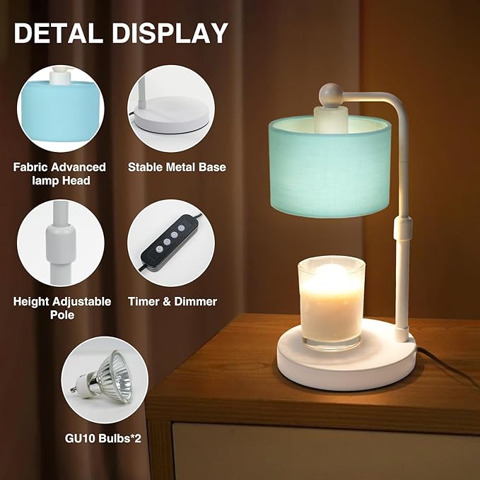 Candle Warmer Lamp with Timer, Dimmable Candle Wax Warmer, Height Adjustable Electric Candle Lamp Warmer with 2 Bulbs, Gifts Idea for Women Her, Mom, Vintage Home Decor for Bedroom-Blue