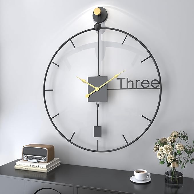 36 inch Extra Large Wall Clock Modern Battery Operated Wall Clock with Pendulum, Silent Non-Ticking Metal Clock for Living Room Decor, Decorative Hanging Clock for Bedroom, Office, Kitchen, Home