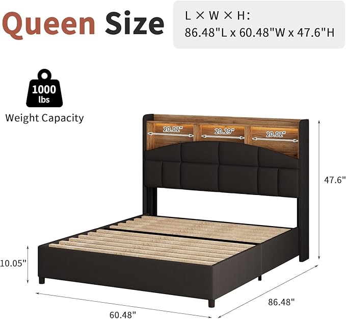 Queen Bed Frame with Headboard and LED Lights, Velvet Upholstered Bed Frame with Wooden Slats Support, No Box Spring Needed, No Noise, Black