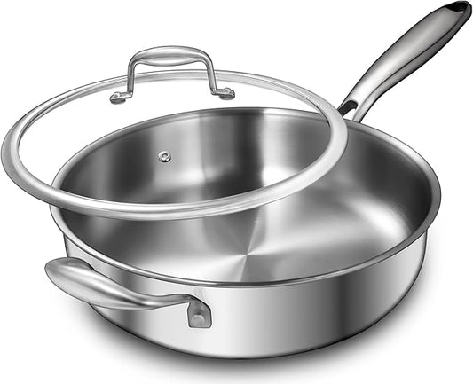 EWFEN 12 Inch Tri-Ply Stainless Steel Frying Pan, 5-Quart Deep Saute Pan with lids, PFOA&PTFE Free Skillet, Induction Cooking Pan, Dishwasher&Oven Safe,Works on All Cooktops