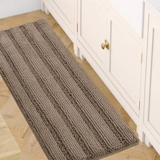 H.VERSAILTEX Bath Rugs for Bathroom Non Slip Bath Mats Extra Thick Chenille Striped Bath Rug Runners 47" x 17" Absorbent Fluffy Soft Shaggy Mats Dry Fast Plush Area Carpet for Bath Room - Taupe Brown