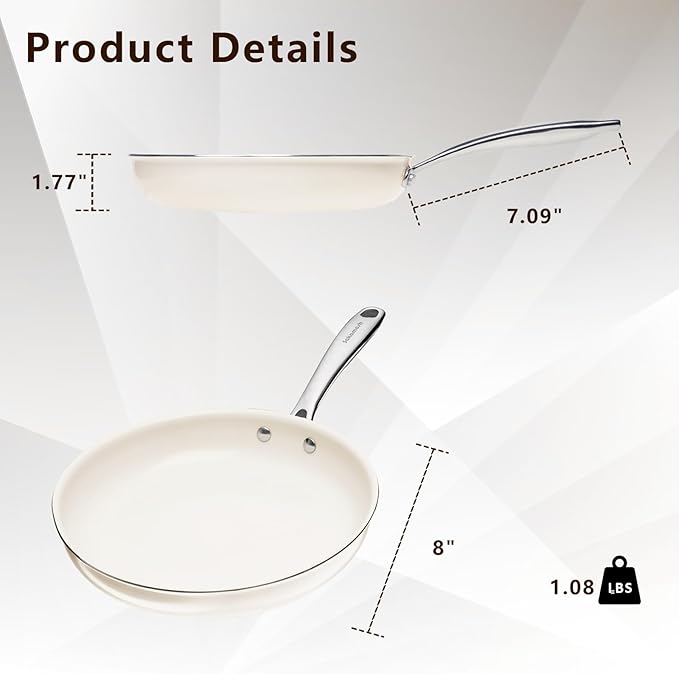 8" Ceramic Nonstick Frying Pan, Small Skillet, Cooking Pan Non Toxic with Stay Cool Handle for Induction, PTFE & PFAS & PFOA Free, Dishwasher/Oven Safe, White