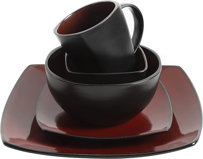 Gibson Elite Soho Lounge Square Reactive Glaze Stoneware Dinnerware Set, Service for 8 (40pc), Red/Black
