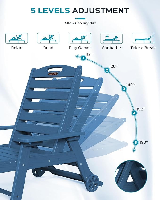 Ciokea Lounge Chair Outdoor, Oversized Chaise Lounge Chair with 5 Positions, HDPE, Patio Lounge Chair with Wheels & Cup Holder for Pool, Deck, Poolside, Azure Blue