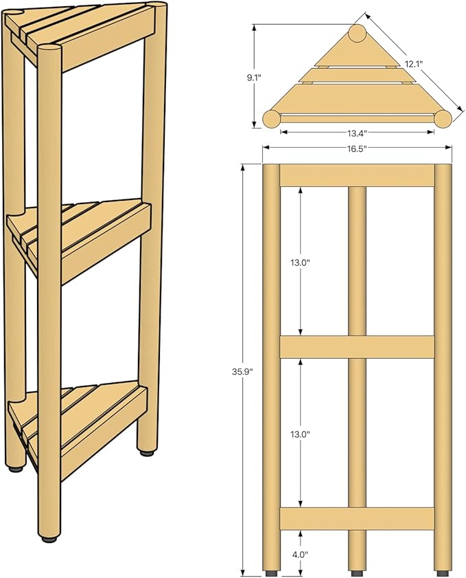 Asta Select Solid Teak Free Standing Corner Shelf, 3-Tier Bathroom Corner Stand, Corner Rack for Bathroom, Kitchen, Living Room, Bedroom, Fully Assembled, ST-80