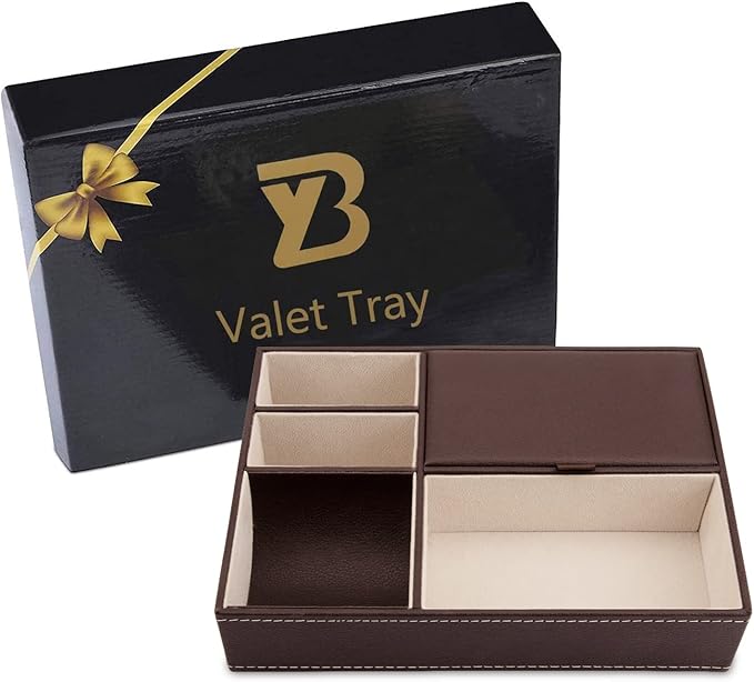 Baoyun Leather Valet Tray for Men, Mens Jewelry Organizer Box, Mens Nightstand Organizer, Leather Bedside Tray for Entryway, Dresser Organizer Countertop for Bedroom Men Room Decor