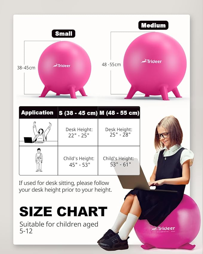Trideer Flexible Seating for Classroom Elementary, Yoga Ball Chairs for Kids, Wobble Chair of School Supplies for Sensory Kids, Student Desk Chairs for Homeschool (Pink, 55cm)