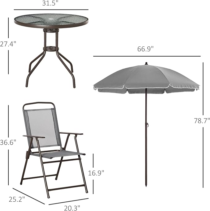 Outsunny 6 Piece Patio Dining Set for 4 with Umbrella, Outdoor Table and Chairs with 4 Folding Dining Chairs & Round Glass Table for Garden, Backyard and Poolside, Gray