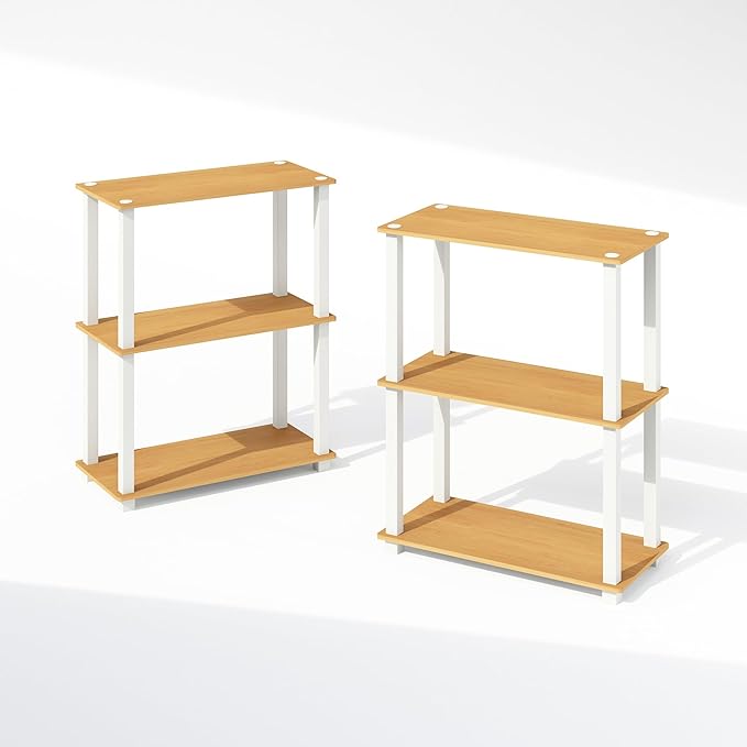 Furinno Turn-S-Tube 3-Tier Compact Multipurpose Shelf Display Rack with Square Tube, Beech/White, Set of 2