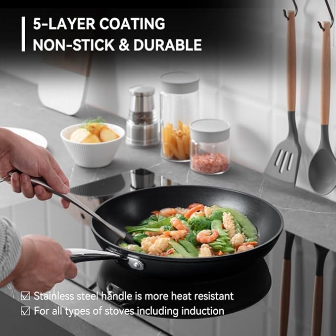 Frying Pan 11 Inch, Nonstick Frying Pan for Induction, 5-Ply Non Toxic Skillet with Stainless Steel Handle, Hard Anodised Aluminum Cookware, Oven Proof, Suitable for All Hobs