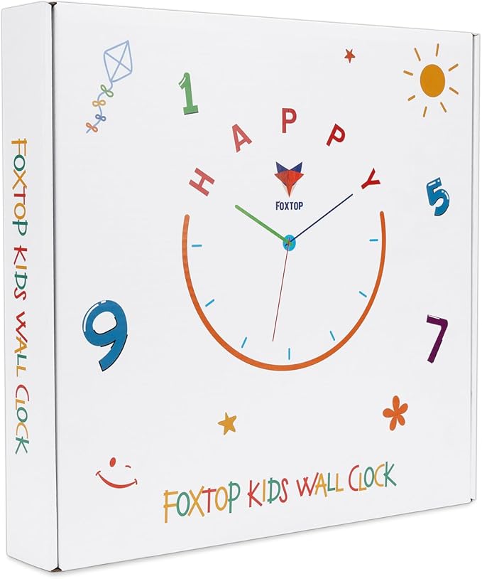 Foxtop Learning Clock for Kids - Telling Time Teaching Clock 12 Inch Silent Non-Ticking Battery Operated Analog Kids Wall Clock for Kids Room Playroom Nursery Classroom School (White)