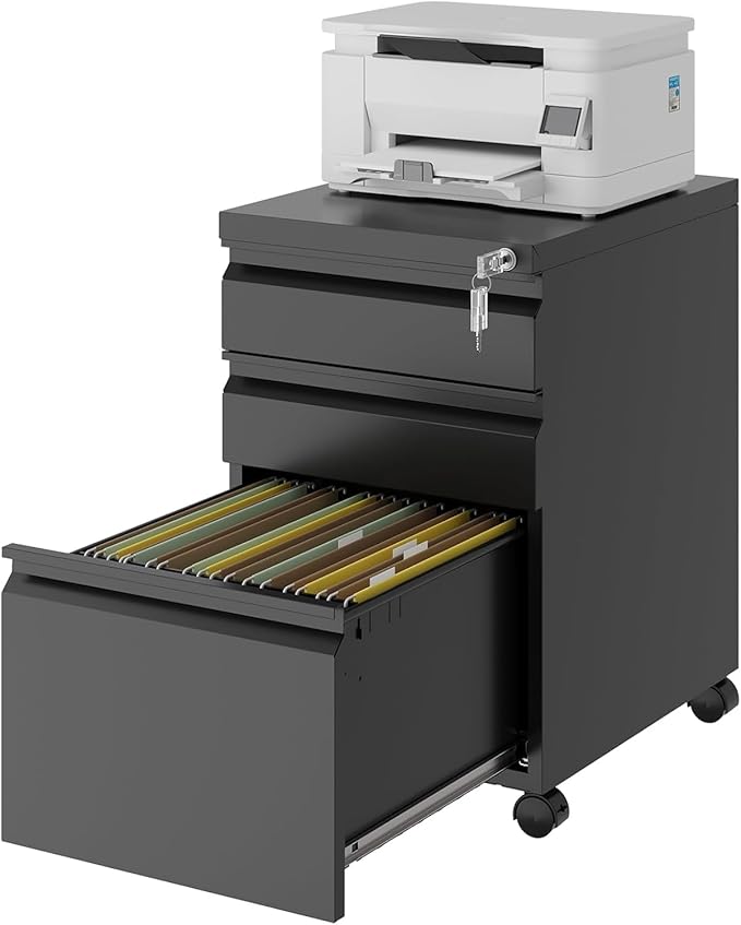 3 Drawer File Cabinet with Lock,Mobile Filing Cabinets,Metal Small Rolling File Cabinet,Drawers for Under Desk for Legal/Letter/A4 File, Assembly Required,Black