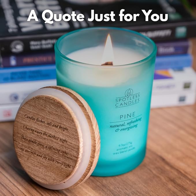 Pine Candle - 9.7 oz /275g 45-55 Hours Burn Time in Green Frosted Glass Jar with Wooden Lid and Wooden Crackling Wick in Luxurious Gift Box - Natural, Refreshing and Energising