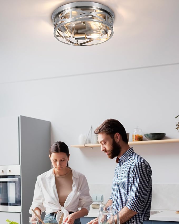 13 Inch Ceiling Light Fixtures, 4-Light Brushed Nickle Flush Mount Ceiling Light, Metal Cage Cross Modern Indoor House Close to Ceiling Lights for Kitchen Bedroom Foyer Hallway Office