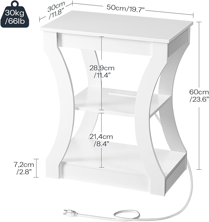 End Table with Charging Station, Set of 2, Side Table with USB Ports and Outlets, 3 Tier Nightstand with Storage Shelf for Small Spaces, Living Room, Bedroom, White ETWT53E01S2