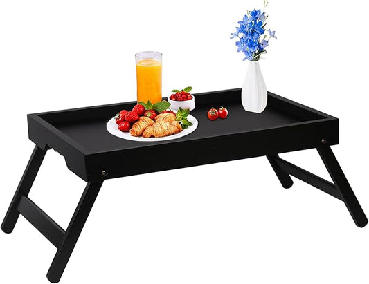 Bed Tray Table for Eating with Folding Legs, Bamboo Breakfast Table in Bed for Eating on Couch, Bed, Laptop Computer Tray(Black, Medium)