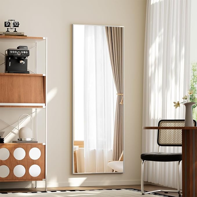 BEAUTYPEAK Full Length Mirror with Stand, 56"x21" Floor Mirror with Aluminum Alloy Thin Frame, ShatterVue Tempered Full Body Mirrors, Free Standing or Wall-Mounted Mirrors for Living Room, Silver