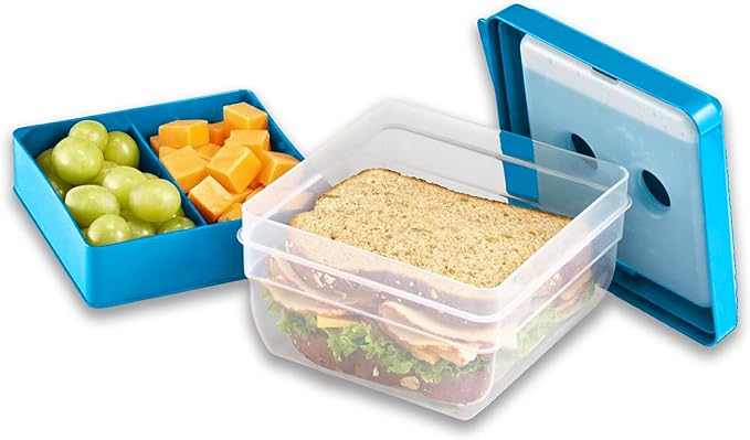 Fit & Fresh Sandwich and Snack Set, Dual Container with Ice Pack, Adult and Kids Lunch Container, Sandwich Container for Lunch Box, Blue