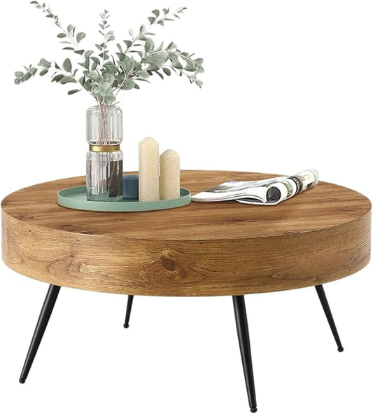 31.5'' Round Coffee Table for Living Room, Wood Texture Table Top, Black Metal Table Legs Tea Table for Dining Room Apartment Small Space (Brown)