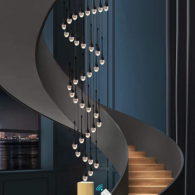 H150'' High Ceiling Chandeliers for Entryway 36-Lights Black Spiral Crystal Chandelier Modern Raindrop Chandeliers for Villa Staircase,Hanging Light Fixtures for High Ceiling