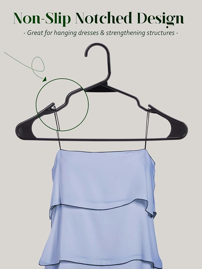 Cozymood Plastic Notched Hangers 20 Pack, Space Saving Tubular Clothes Hangers Black, Slim Non-Slip Heavy Duty Plastic Hanger for Everyday Use, Standard Closet Hanger for Shirts, Coat, Dress, Skirts