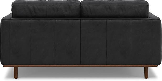 SIMPLIHOME Morrison 72-inch Wide Sofa in Lead Black Genuine Leather, Mid-Century Modern-Style Loveseat for Living Room, Single Bench Cushion, Removable Back Cushions, 2 Bolster Pillows