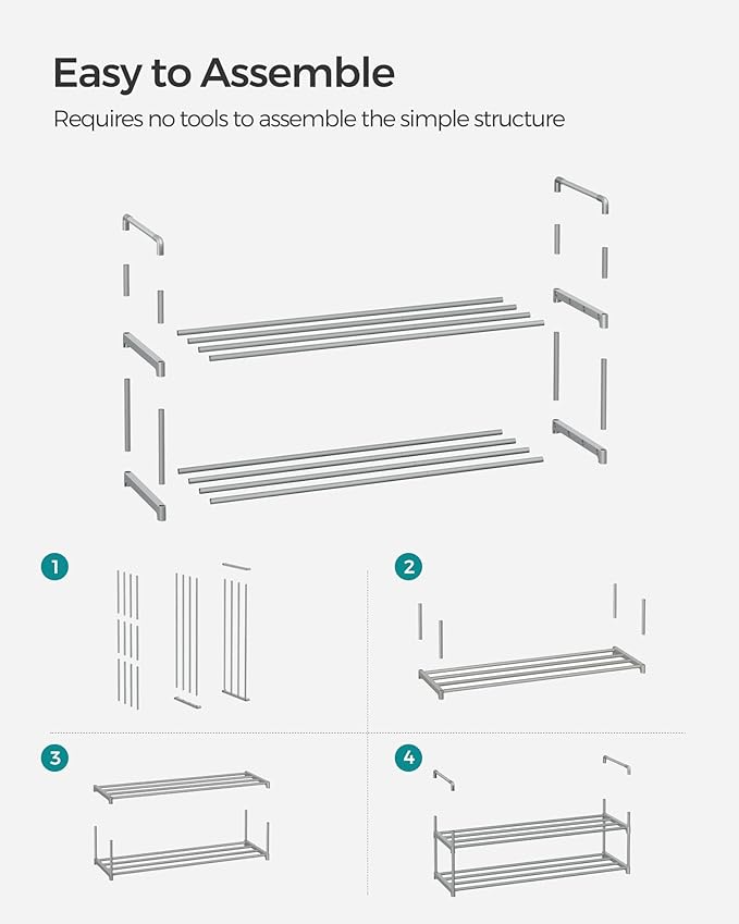 SONGMICS Shoe Rack, 2-Tier Shoe Organizer, Metal Storage Shelf, Upright or Upside Down, for 12-15 Pairs, Stackable, for Entryway, 11.8 x 36.2 x 13.4 Inches, Gray ULSA012G01