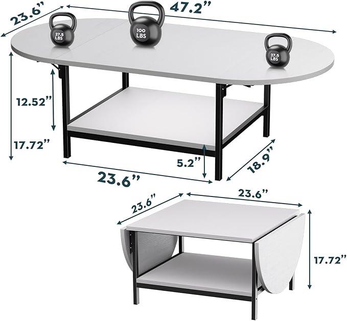 SAYGOER Modern Coffee Table White Extended Coffee Tables with Storage for Living Room 2-Tier Unique Center Table with Two Foldable Panel for Any Large or Small Space, All White
