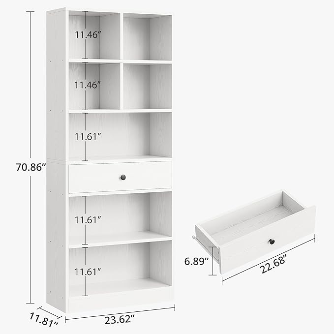 IRONCK Bookcase and Bookshelves, 70" Tall Bookshelf Floor Standing 6 Tiers Display Storage Shelves, Book Shelf with Drawers for Home Office, Living Room, Bedroom, Library, White